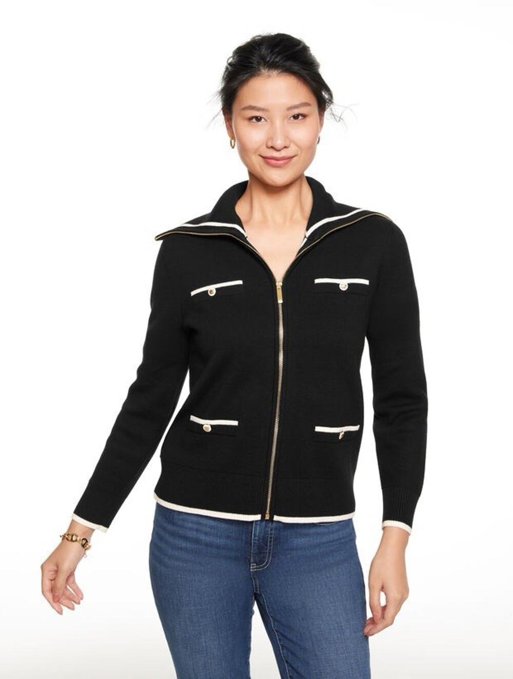 Talbots Full Zip Cardigan Tipped Black White Plus Size X New